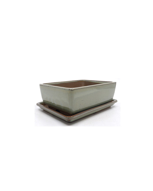Bonsai pot, green and beige, rectangular, 14cm - set