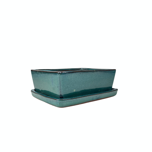 Bonsai pot green rectangular 15cm - set