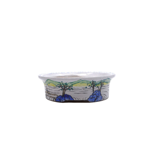 Bonsai pot hand-painted landscape blue oval 16cm