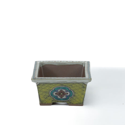 Bonsai pot Kutani yaki 'Ishidatami' rechthoekig multi-kleuren 13cm