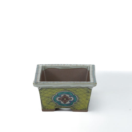 Bonsai pot Kutani yaki 'Ishidatami' rectangular multi-colours 13cm