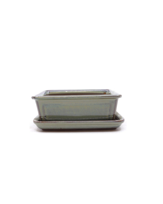Bonsai pot green beige rectangular 17 cm - set