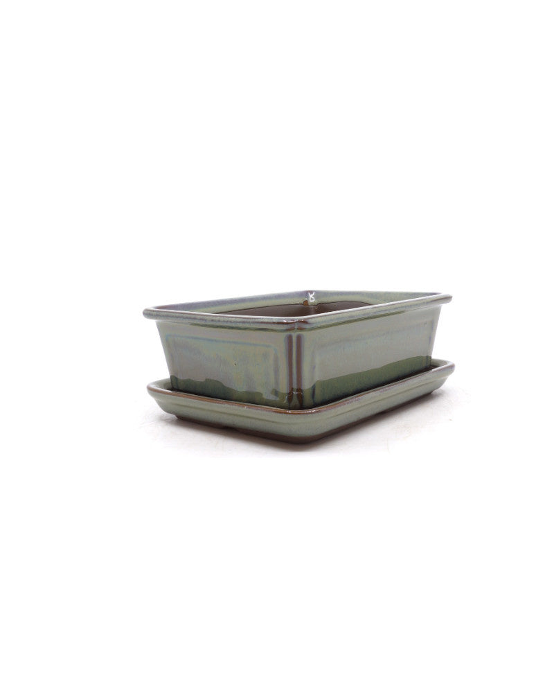 Bonsai pot, green and beige, rectangular, 15cm - set