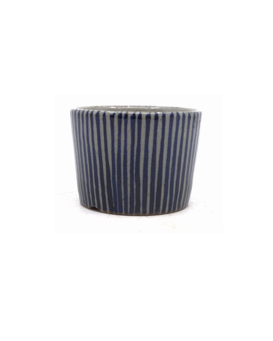 Shohin Bonsai pot handgeschilderd blauwe strepen rond 9cm