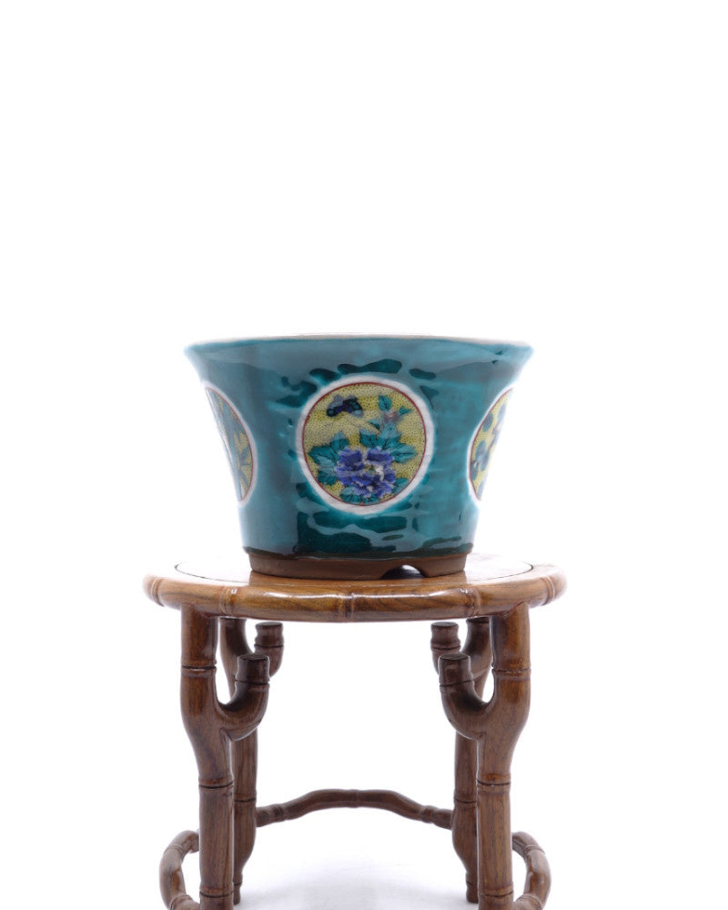 Bonsai pot Kutani yaki 'Matsutake Ume' hand geschilderde groene pot 12cm