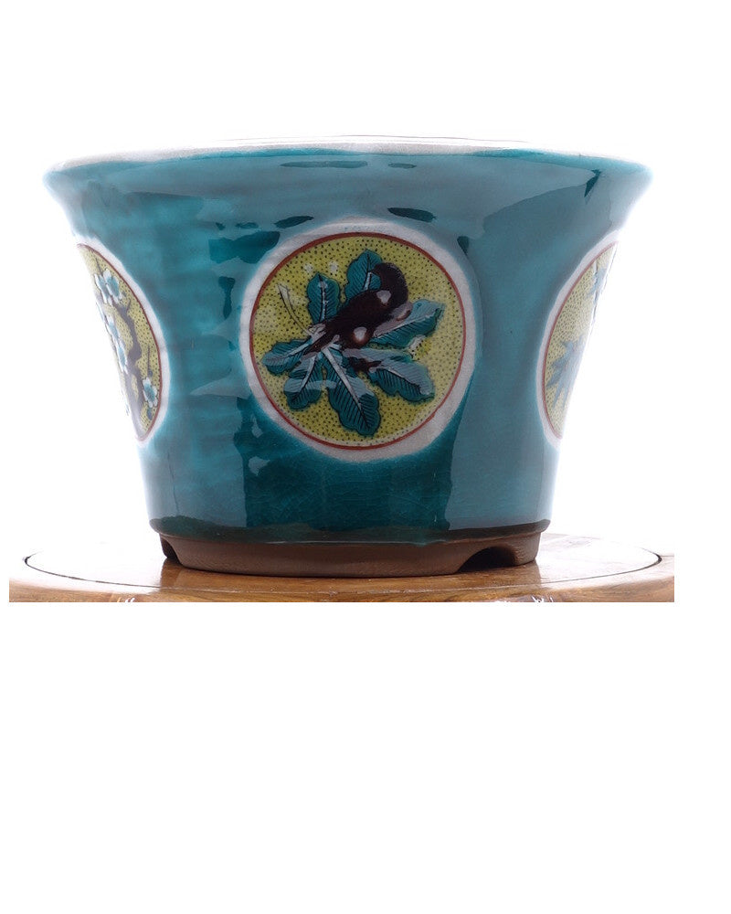 Bonsai pot Kutani yaki 'Matsutake Ume' hand geschilderde groene pot 12cm