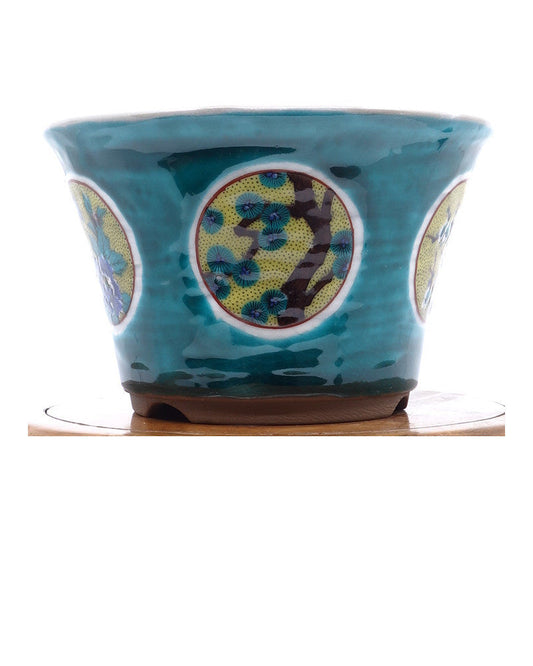 Bonsai pot Kutani yaki 'Matsutake Ume' hand-painted green pot 12cm