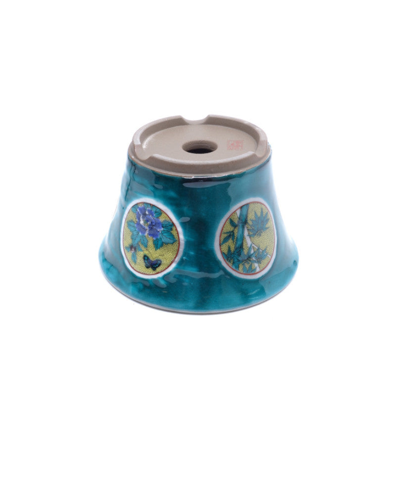 Bonsai pot Kutani yaki 'Matsutake Ume' hand geschilderde groene pot 12cm