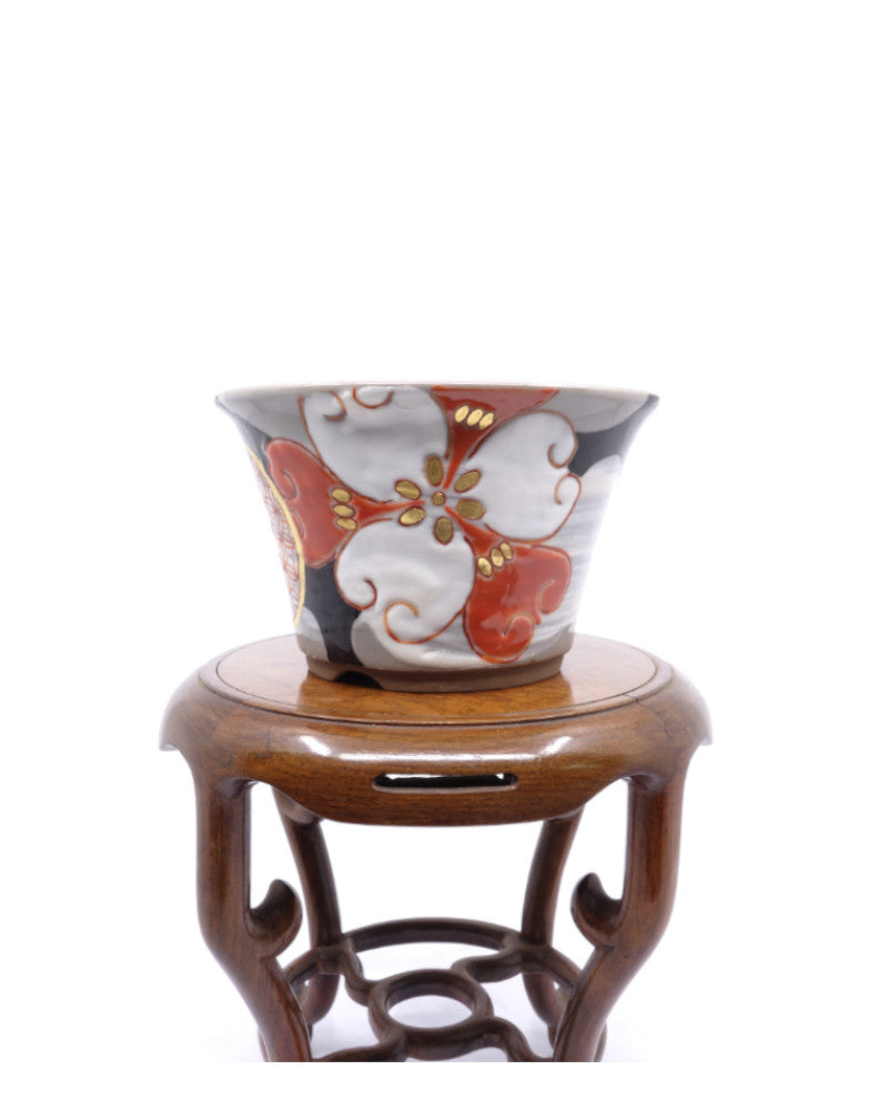 Bonsai pot Kutani yaki 'Hanakago' hand geschilderde multi-kleuren pot 12cm