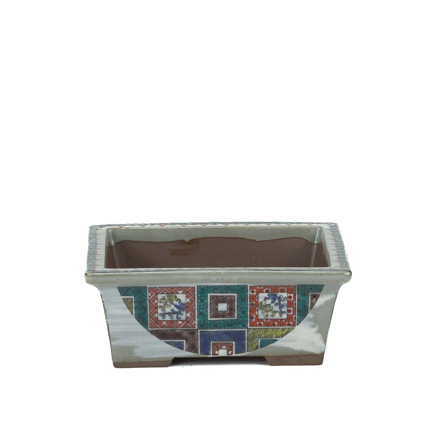 Bonsai pot Kutani yaki 'Ishidatami' rectangular multi-colours 13cm