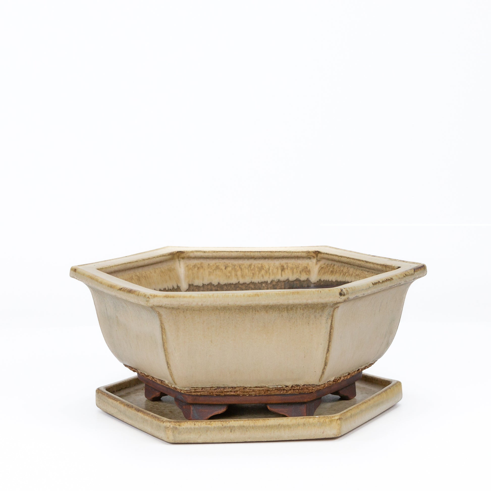 Bonsai pot beige mat zeshoek 21.5 cm - set