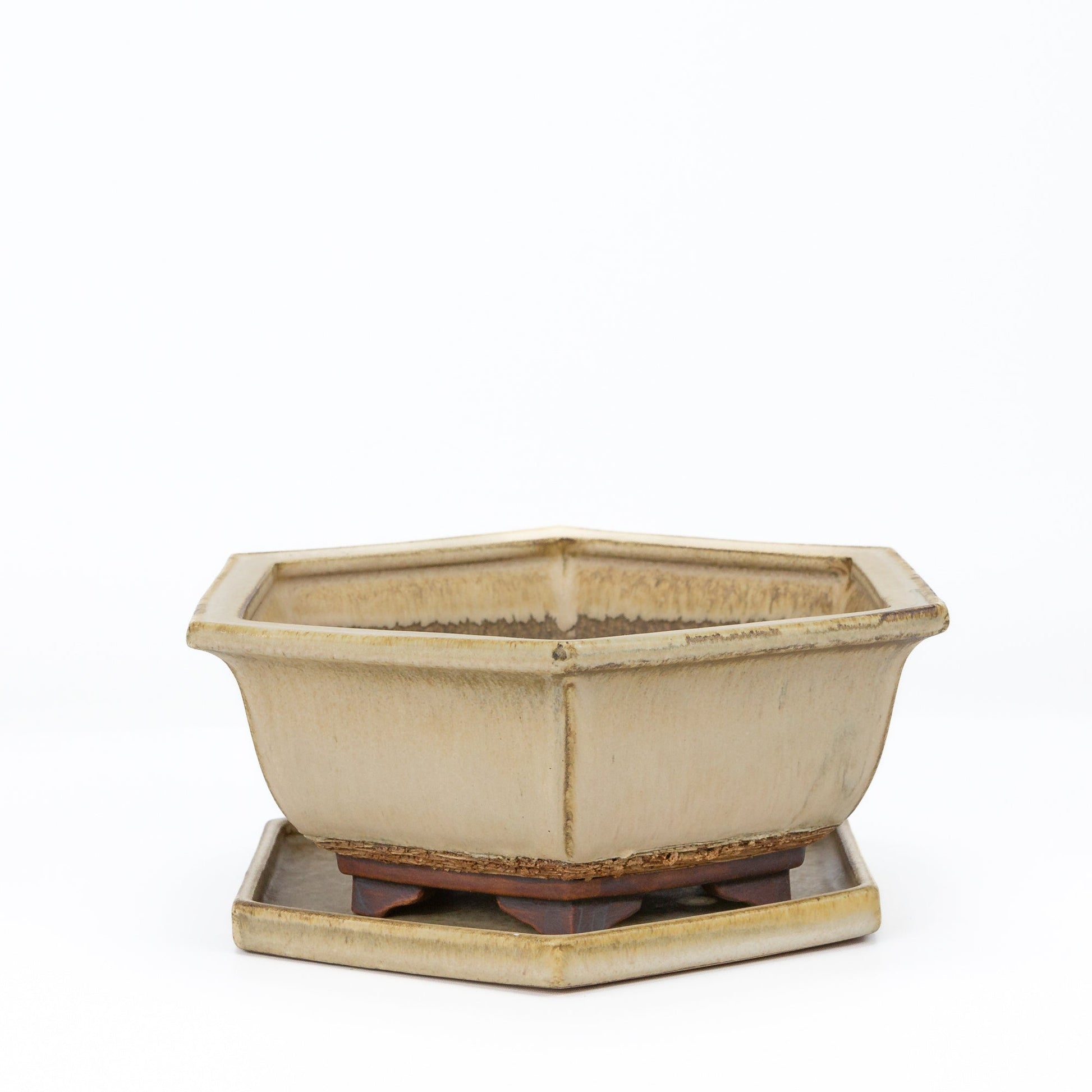 Bonsai pot beige mat zeshoek 21.5 cm - set
