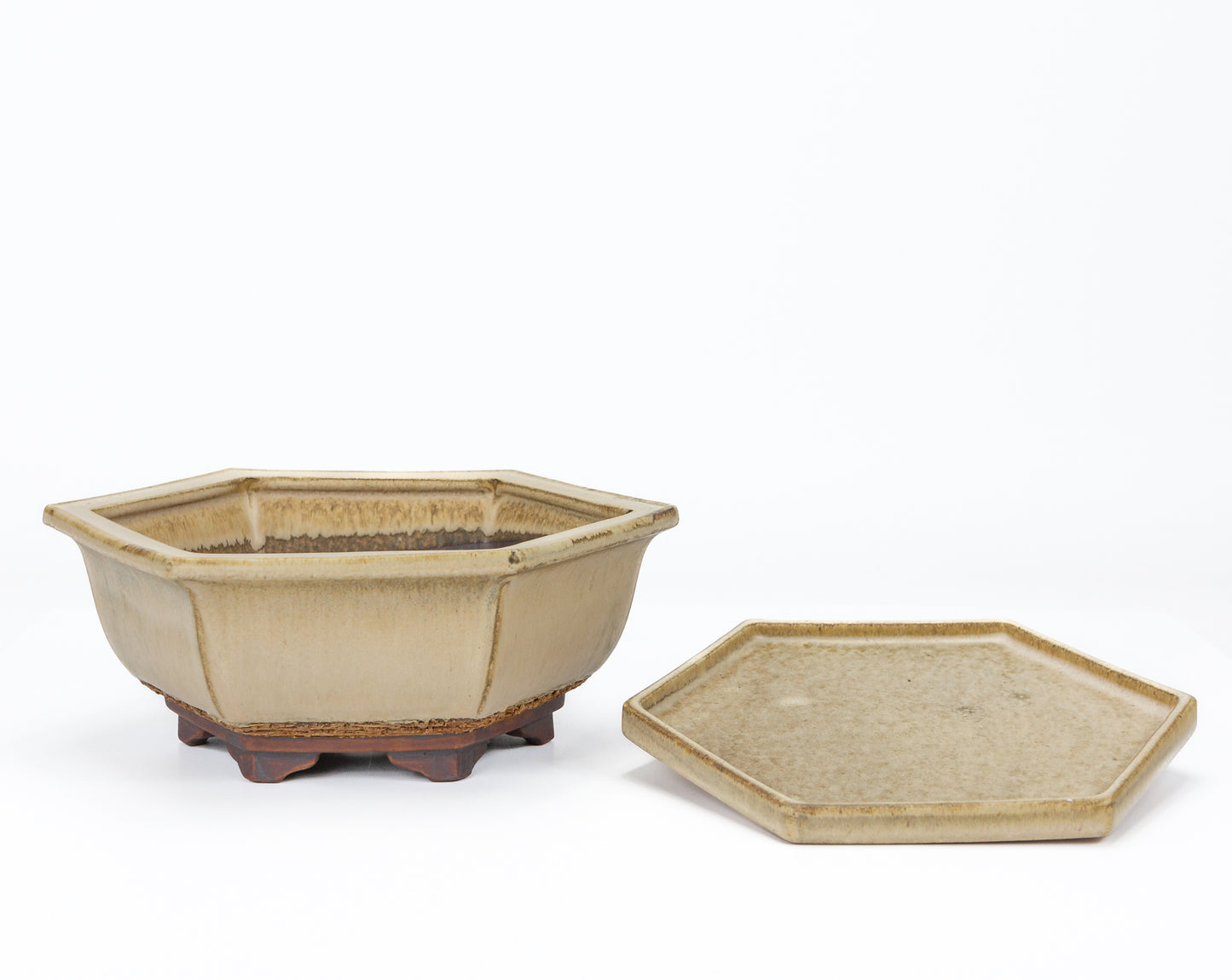 Bonsai pot beige mat zeshoek 21.5 cm - set