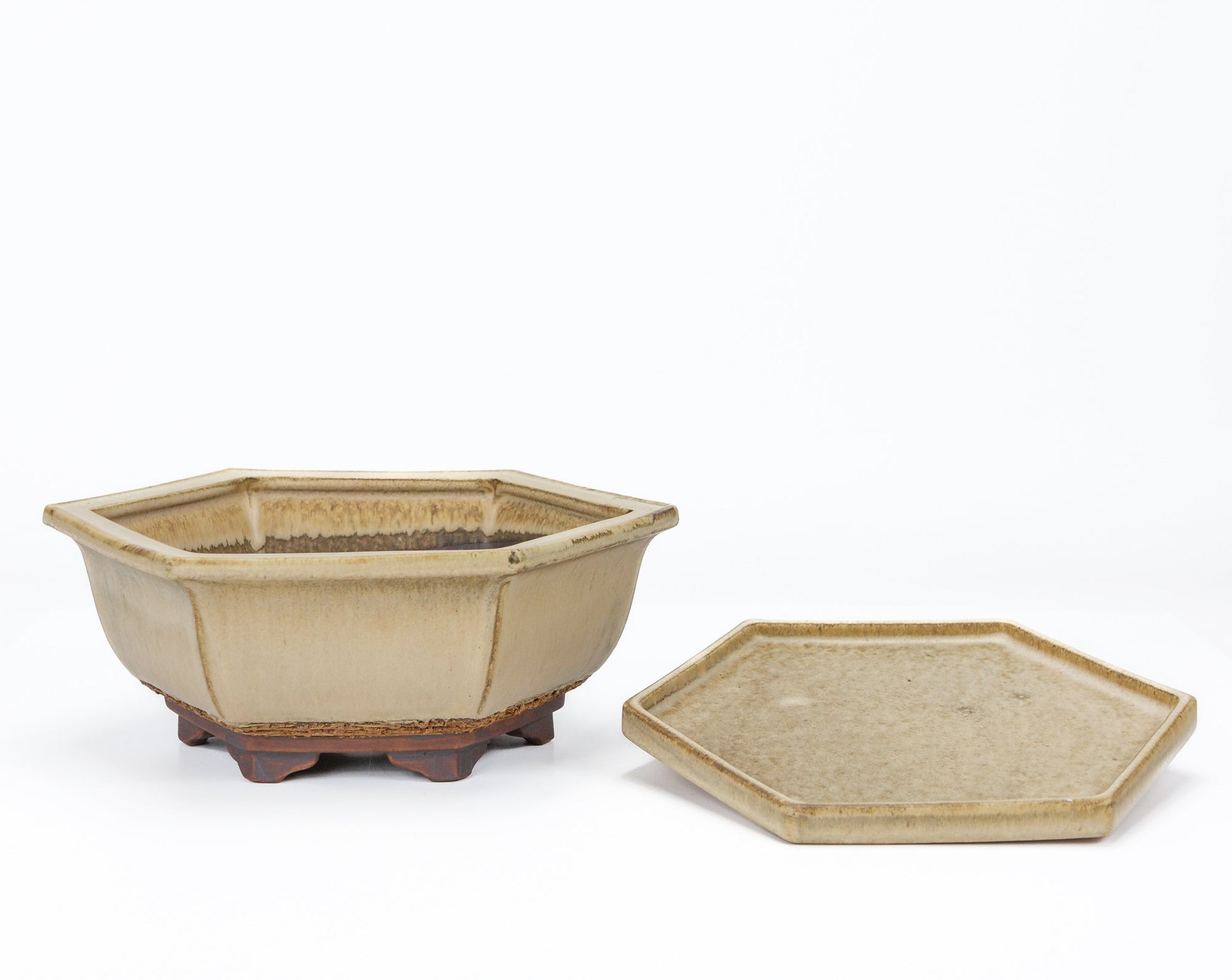 Bonsai pot beige mat zeshoek 21.5 cm - set