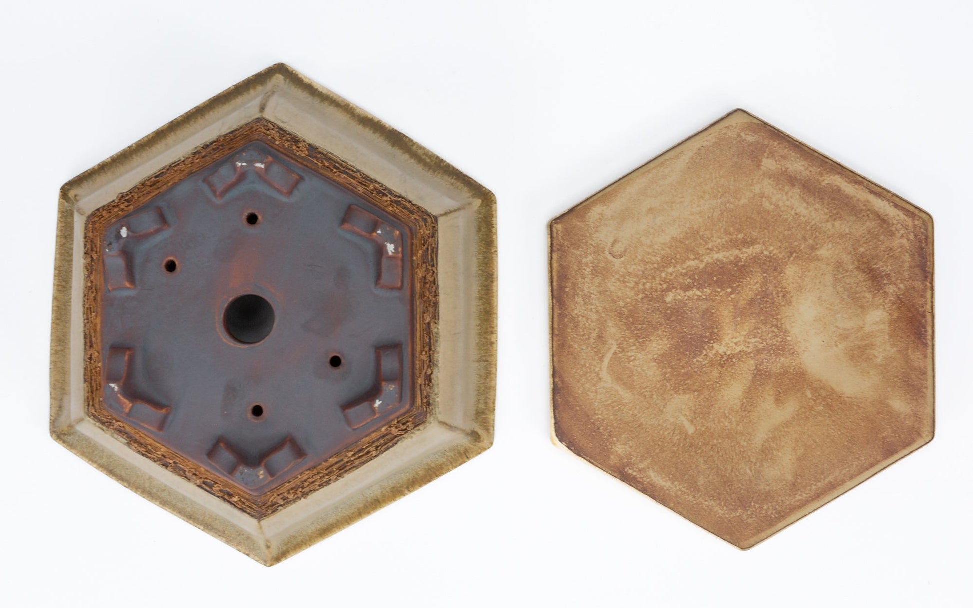 Bonsai pot beige mat zeshoek 21.5 cm - set