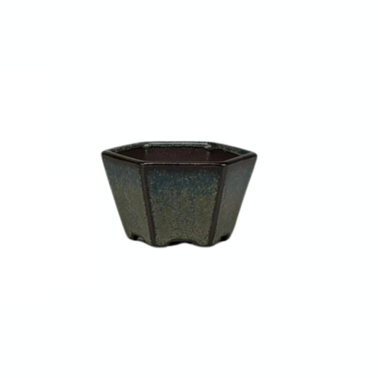 Bonsai pot - hexagonal, glazed, blue-beige (7cm wide)