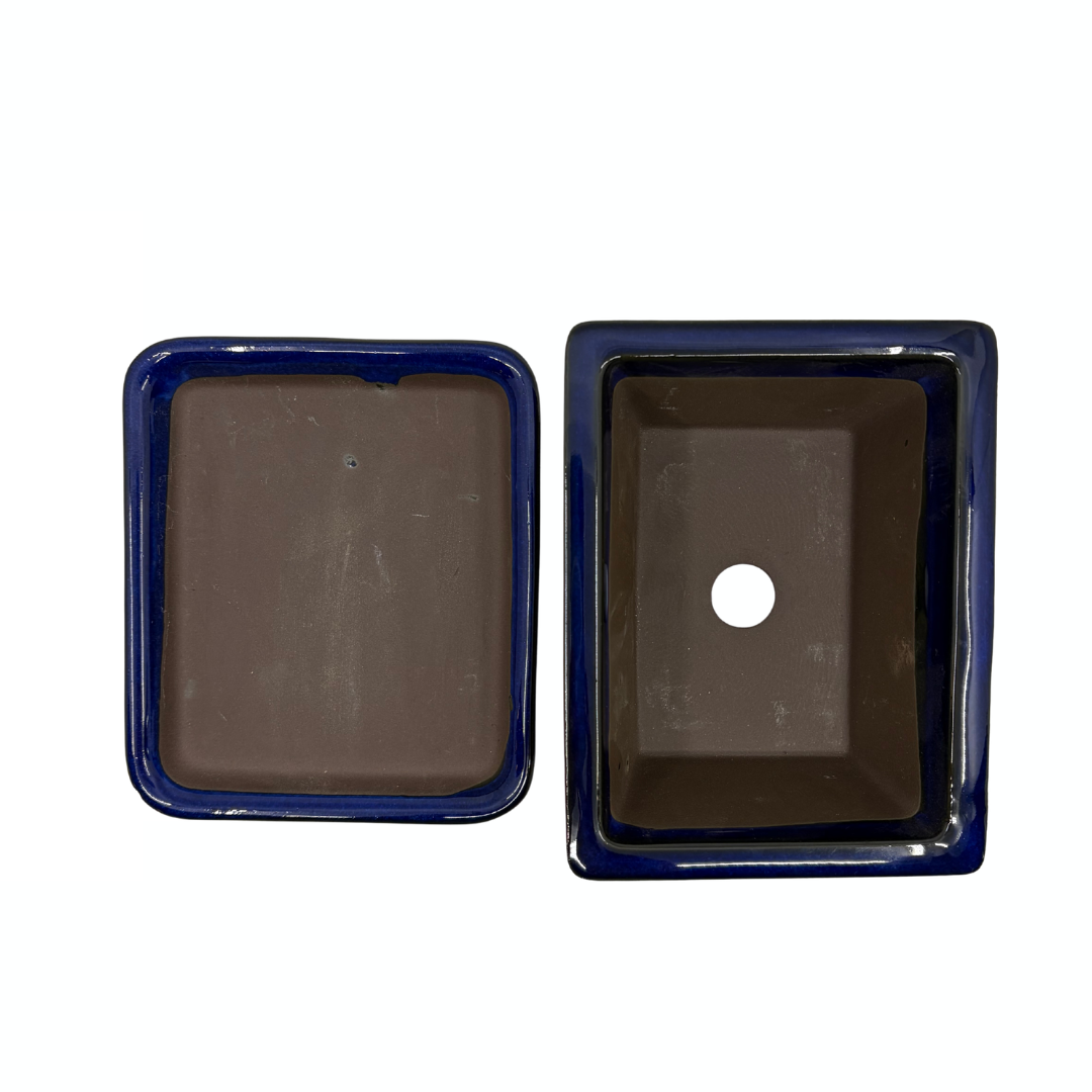 Bonsai pot set - rectangular, glazed, blue (14cm wide)