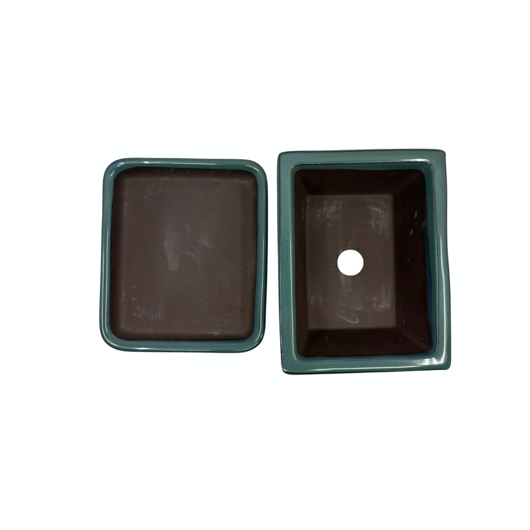 Bonsai pot set - rectangular, glazed, green (14cm wide)