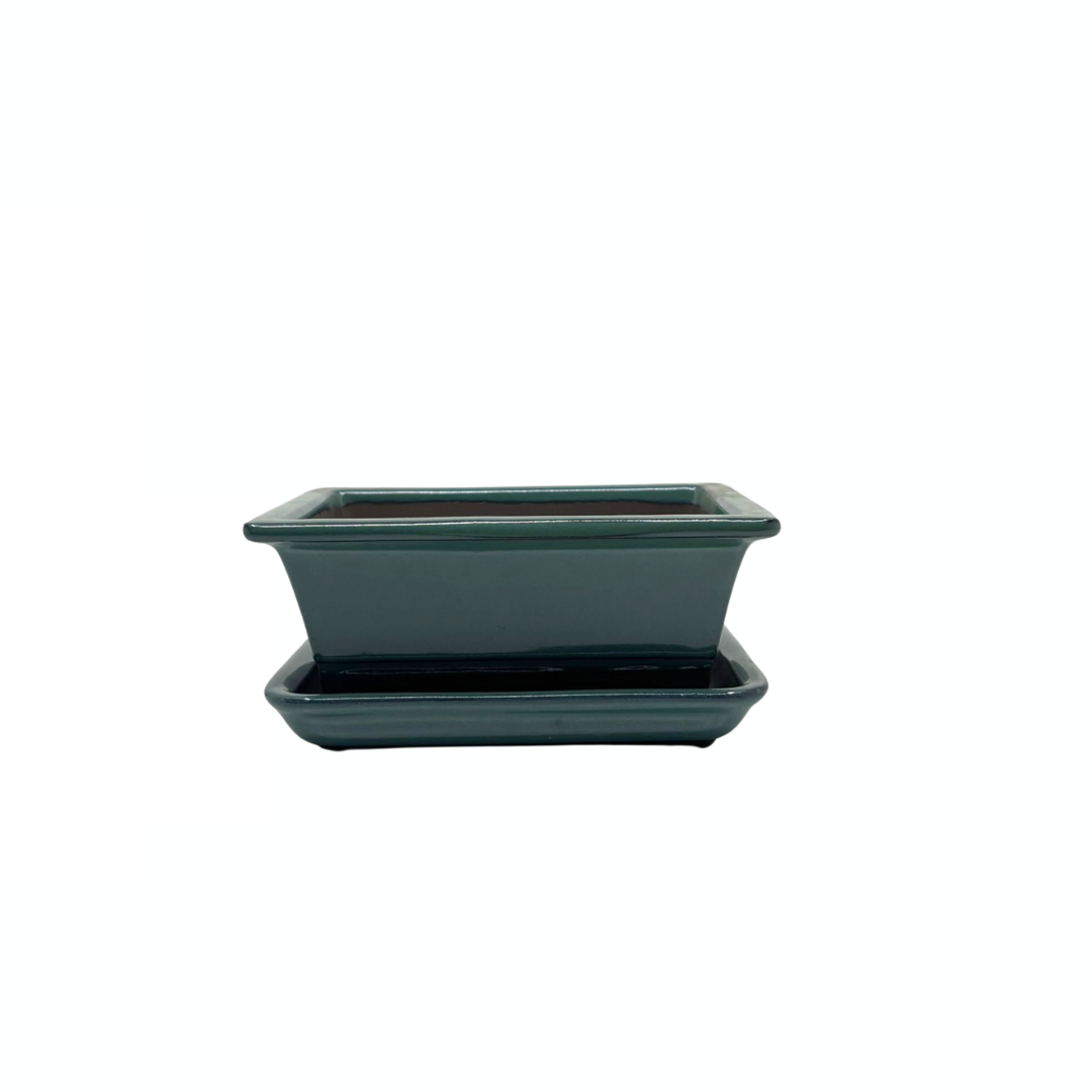 Bonsai pot set - rectangular, glazed, green (14cm wide)