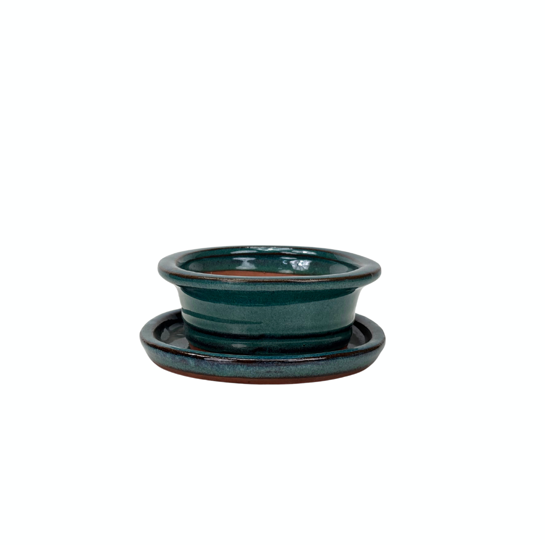 Bonsai pot green oval with edge 16cm - set