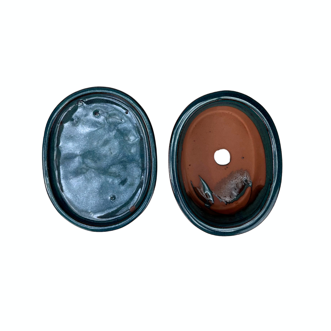 Bonsai pot green oval with edge 16cm - set