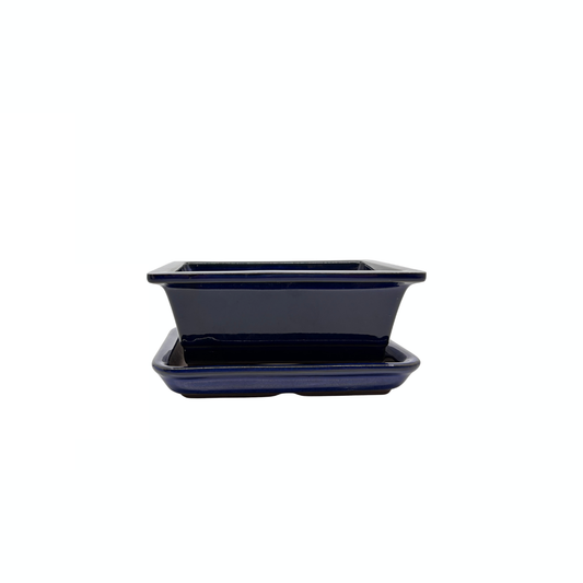 Bonsai pot set - rectangular, glazed, blue (14cm wide)
